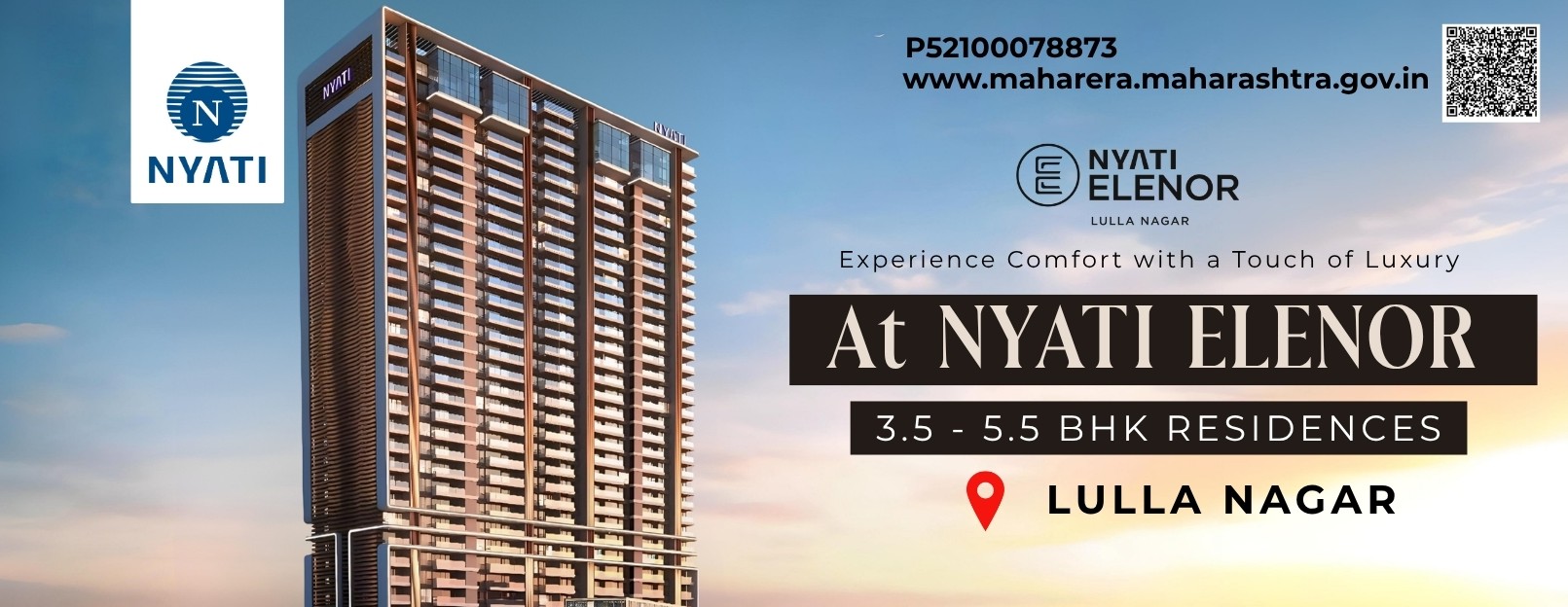 Architectural front elevation view of Nyati Elenor Lulla Nagar Pune featuring premium high-rise luxury towers against a scenic sunset skyline